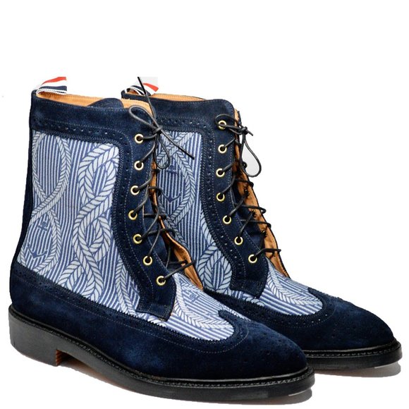 Thom Browne Wingtip Blue Suede Anchor Boots SZ 12 - Picture 2 of 9